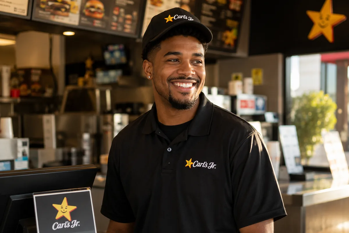A smiling young man in a black Carl's Jr. polo shirt and cap stands behind the counter of a restaurant, menu boards and the Carl's Jr. star logo visible behind him.