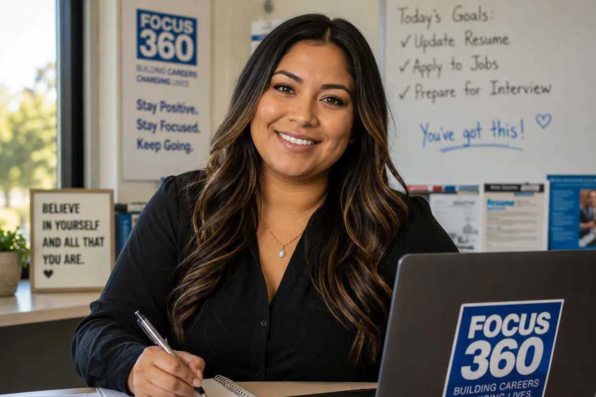 A smiling woman writes in a notebook at a desk with a laptop, seated in front of a whiteboard listing the day's job search goals.