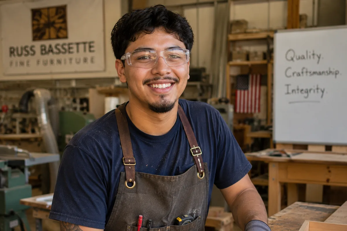 A young man in safety glasses and a leather work apron smiles in a woodshop, with the Russ Bassette Fine Furniture sign and a whiteboard reading Quality, Craftsmanship, Integrity behind him.