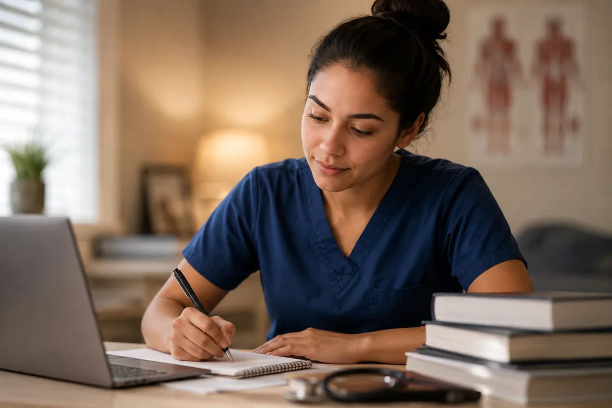 A woman in blue medical scrubs studies at a desk, writing in a notebook beside a laptop, a stack of textbooks and a stethoscope, with an anatomy chart on the wall behind her.