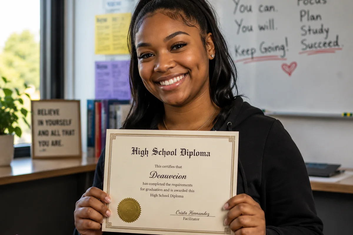 A smiling young woman in a black hoodie holds up her diploma in a classroom, an encouraging message written on the whiteboard behind her.
