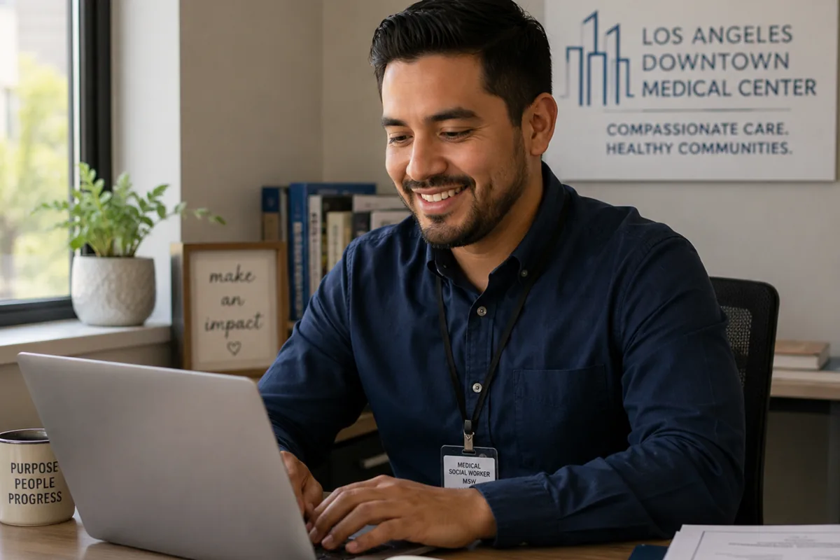A man in a navy shirt with a hospital ID badge smiles while working at a laptop, a notebook open in front of him and a Los Angeles Downtown Medical Center sign on the wall behind.