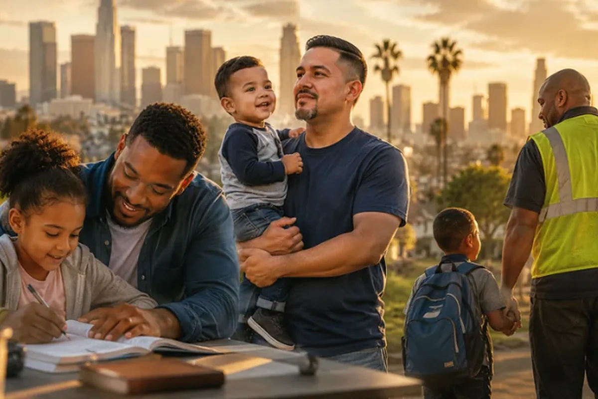 Two fathers with their children outdoors at sunset, the downtown Los Angeles skyline behind them. A girl writes in a notebook while a toddler is carried, and a man in a high-visibility vest stands nearby.